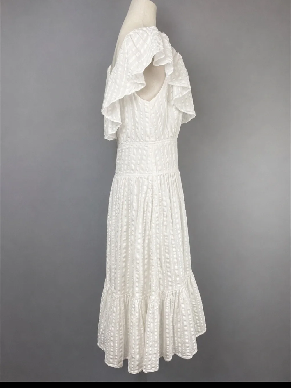 Tory Burch White Textured Cotton Midi Dress Sz 8 Ruffle Neckline Side Zip Lined